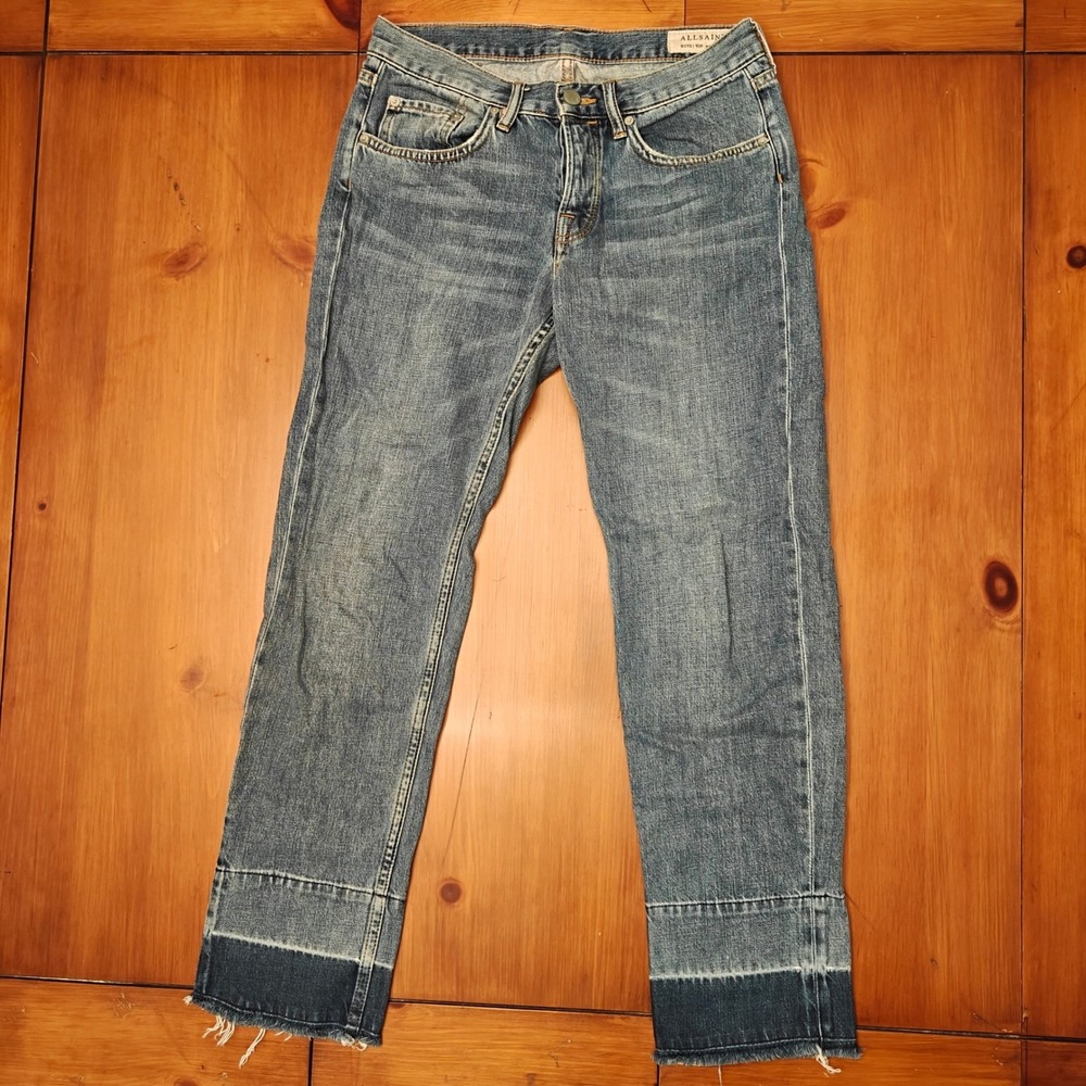 ALLSAINTS Straight Leg Boyfriend Jeans Blue Wash Distressed Cuffs Womens Size 26